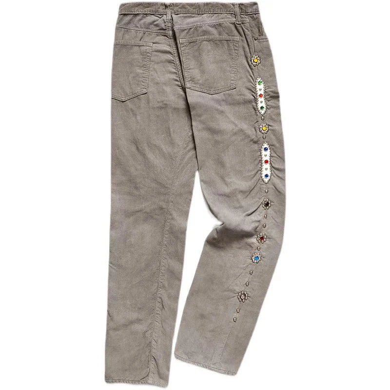 Japan Style Kapital Corduroy Side Gemstone Inlaid Casual Pants Straight Leg Denim Jeans for Men New Arrival