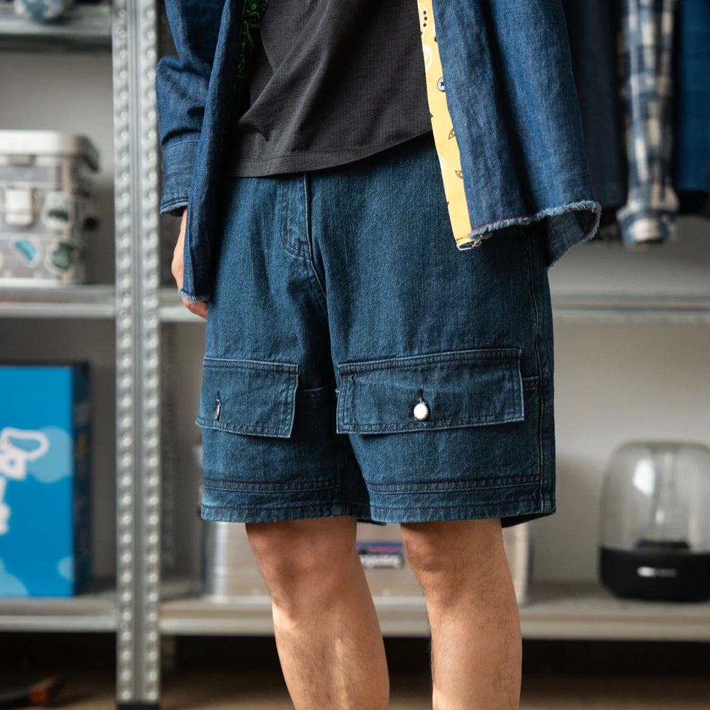 Summer Men's New Japanese Trendy Workwear Style Double Pocket Loose Drawstring Elastic Waist Denim Shorts for Men and Women