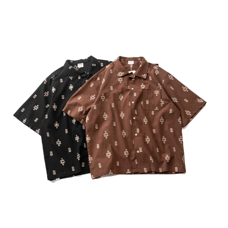 Japanese Retro Geometric Cut Flower Short Sleeved Shirt Summer Casual Loose Cuban Collar Top for Men