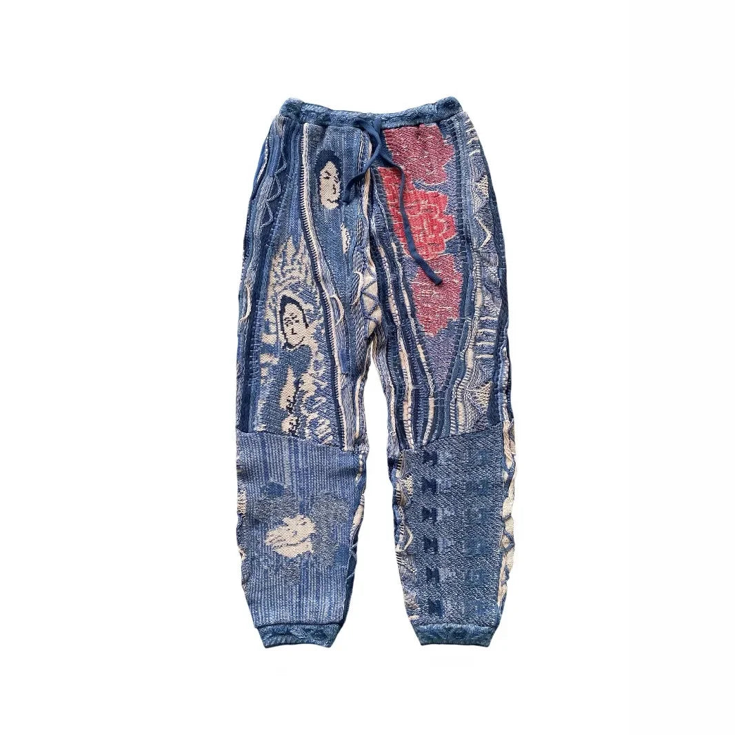 Kapital Vintage Hirata Hiroshi Japan Splice Men's Hip Hop Anti War Loose Knitted Pants Blue Tied Thick Sweatpants