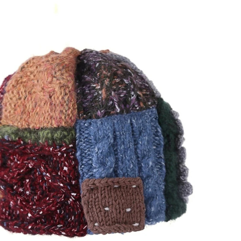 Original Retro Handmade Knitted Colorful Wool Thread Autumn and Winter Patchwork Hat Vintage Style