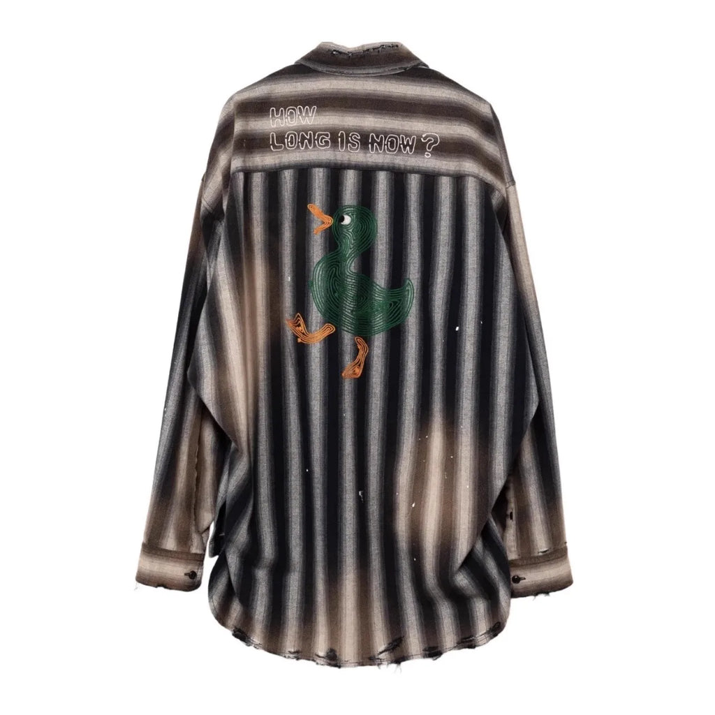 24AW Japanese Casual Pure Cotton Striped Duck Embroidered Vintage Loose Shirt Long Sleeved Distressed Plaid Top