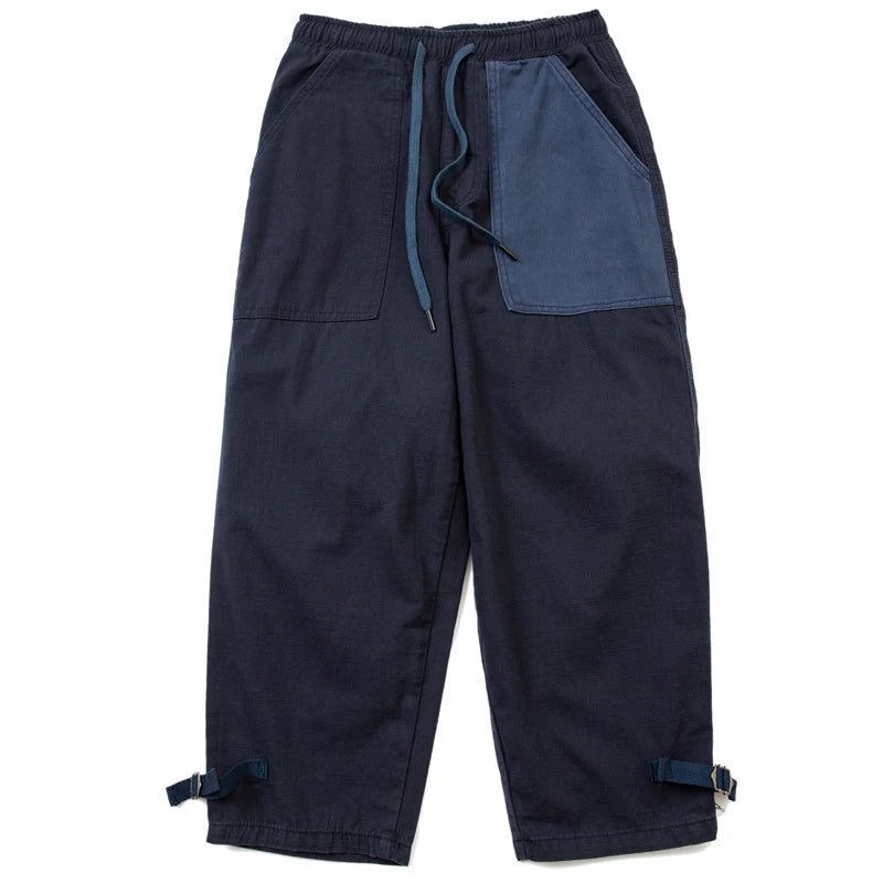 Japanese Style Men's Personalized Color Block Splicing Elastic Waist Loose Women's Bamboo Cotton Casual Pants Trendy