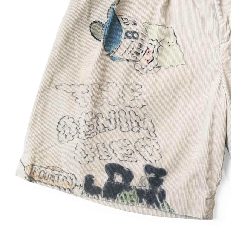 25SS KAPITAL Hirata and Hongri Style Casual Cartoon Fun Printed Washed Water Distressed Corduroy Shorts