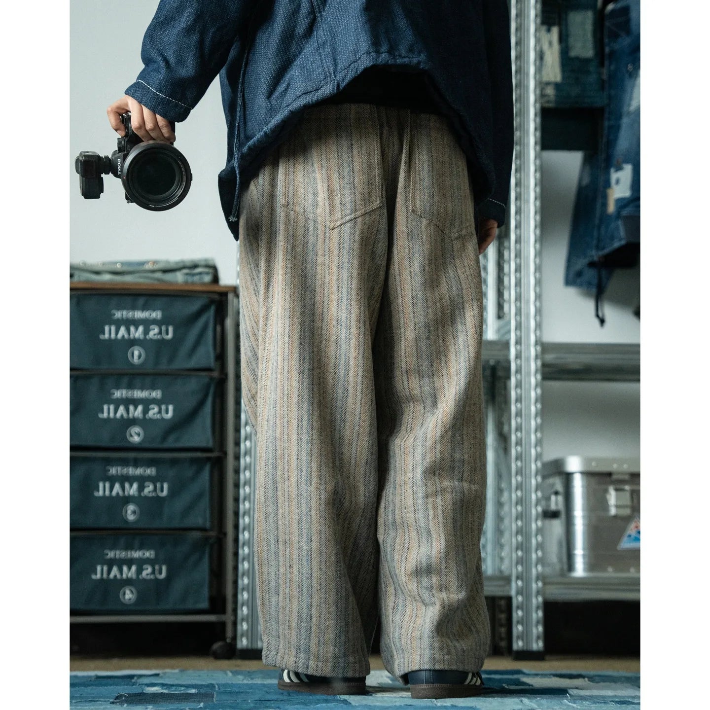 Japanese Retro Style Striped Wide Leg Pants Men's Loose Casual Autumn and Winter Straight Leg Pants