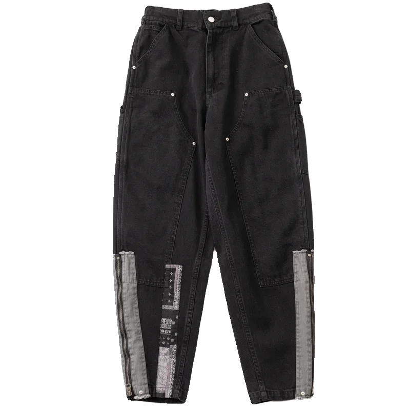 Japanese Retro Double Knee Patch with Ethnic Style Cashew Flower Patch Patchwork Jeans for Men and Women's Fashion Pants