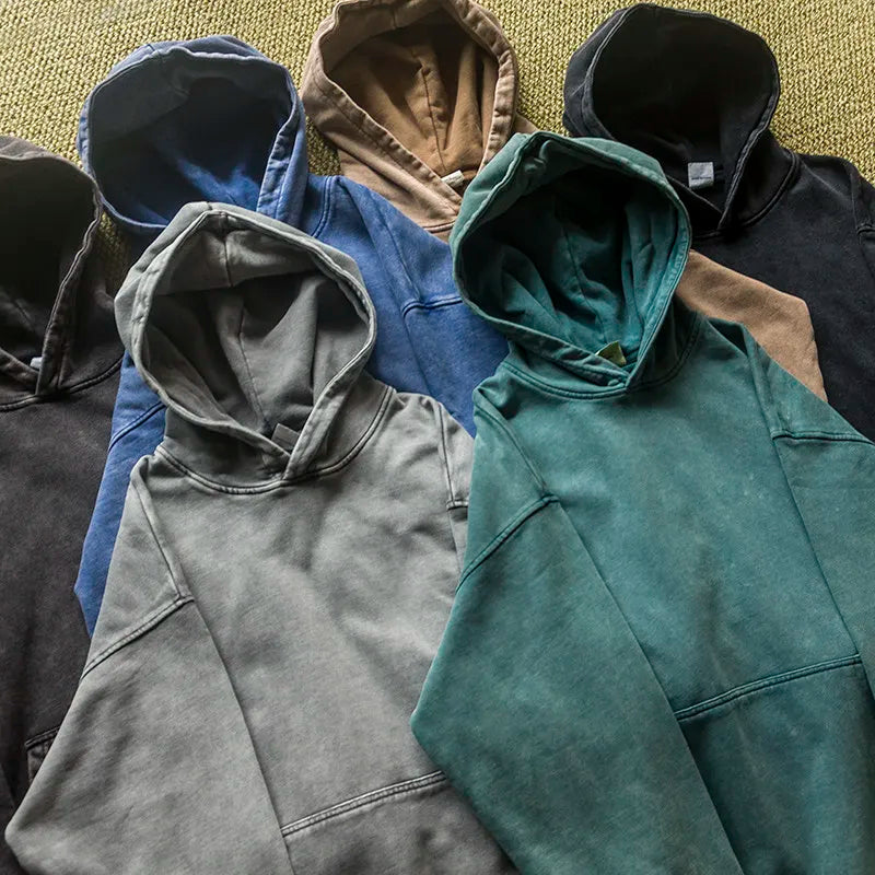 420g Pure Cotton Wax Printed Vintage Hooded Sweatshirt with Loose Shoulder Men's and Women's Washed Solid Color Hoodie