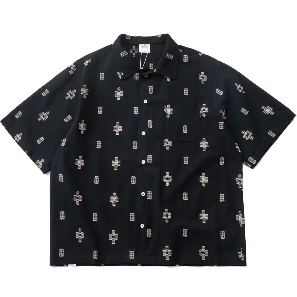Japanese Retro Geometric Cut Flower Short Sleeved Shirt Summer Casual Loose Cuban Collar Top for Men