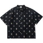 Japanese Retro Geometric Cut Flower Short Sleeved Shirt Summer Casual Loose Cuban Collar Top for Men