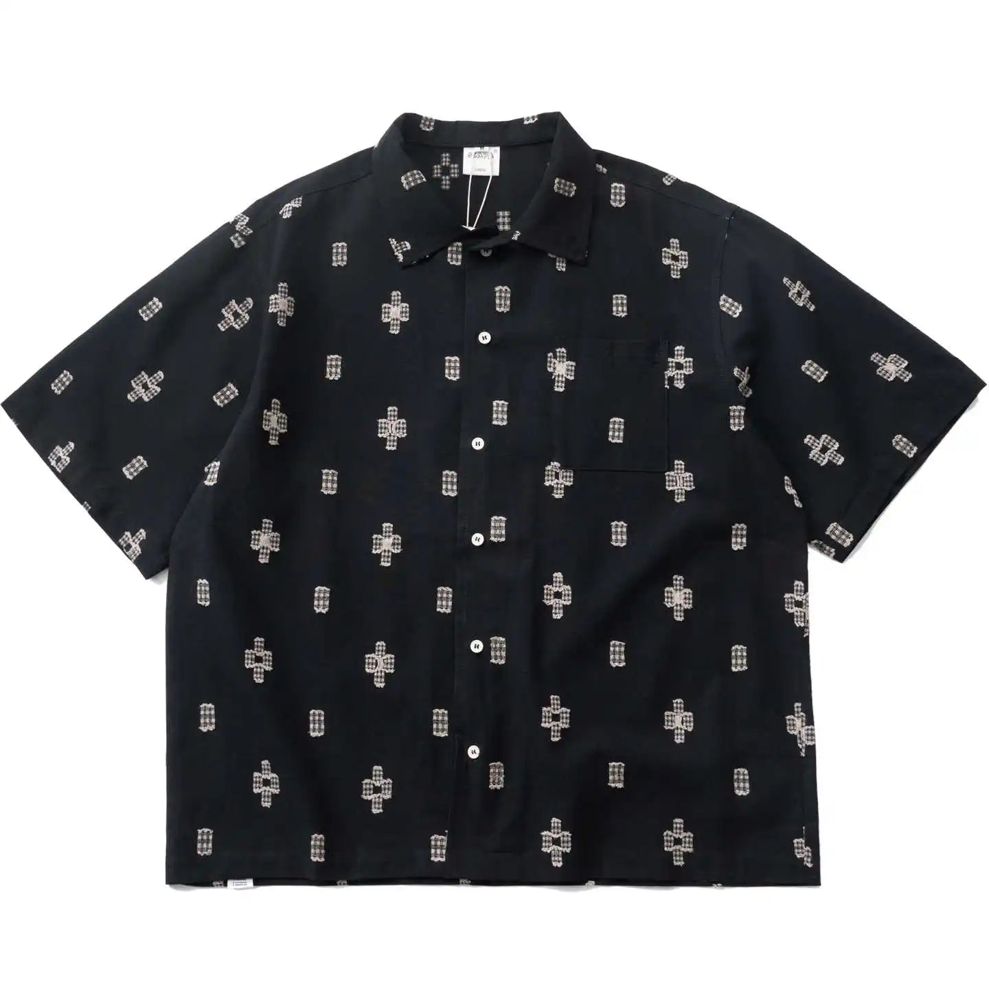 Japanese Retro Geometric Cut Flower Short Sleeved Shirt Summer Casual Loose Cuban Collar Top for Men