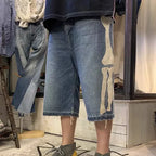 New Japan KAPITAL Loose Casual Pants Embroidered Bone Wash Water Distressed Raw Hem Denim Shorts for Men