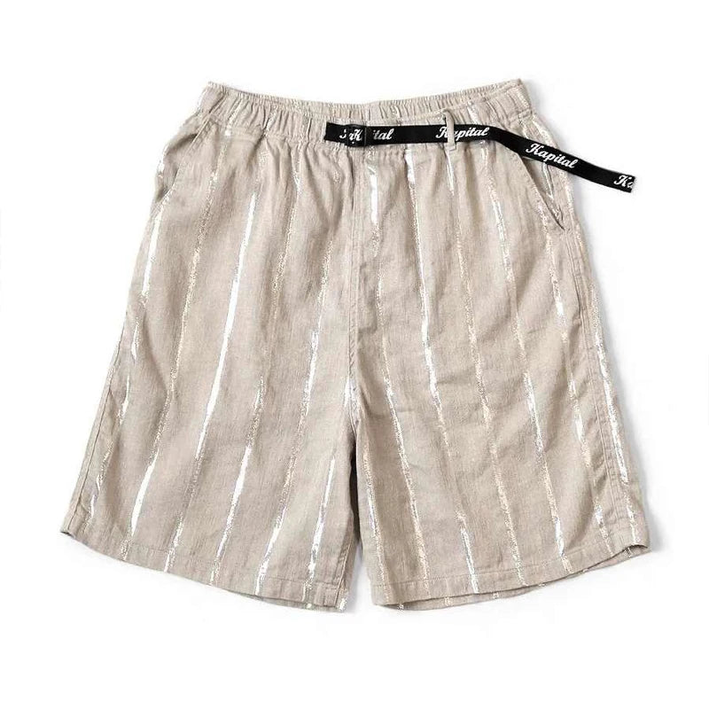 Kapital Hirata Style Linen Bright Color Coarse Stripe Custom Fabric Drawstring Elastic Waist Shorts for Men