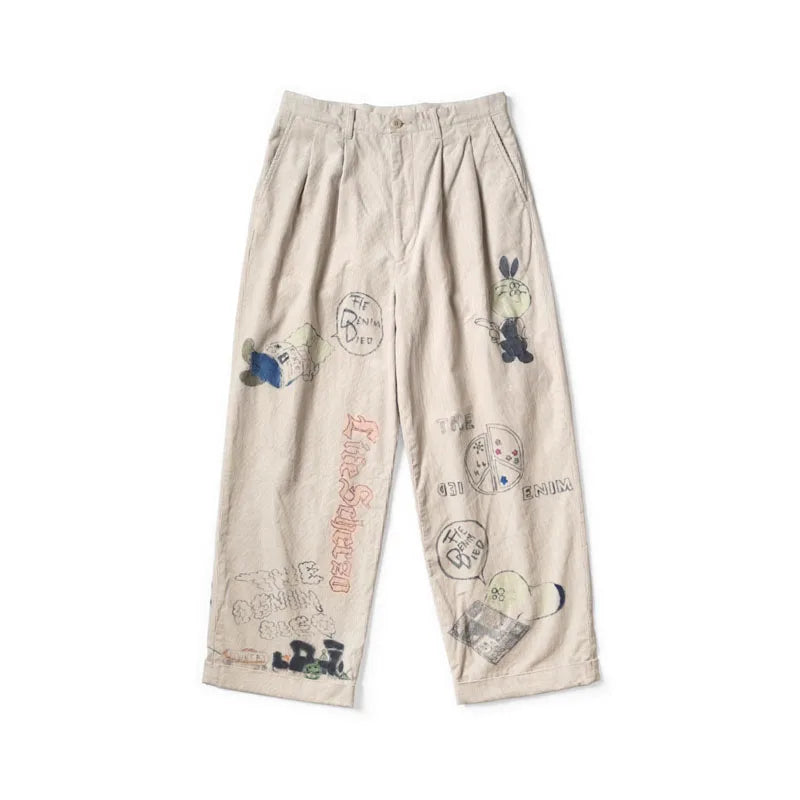 25AW KAPITAL Hirata and Hongri Retro Corduroy Washed Outdated Fun Printed Casual Capri Pants for Men New Arrival