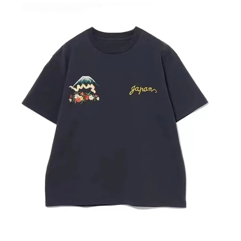 25SS Japanese Retro Summer New Style Cherry Blossom Letter Embroidery Round Neck Casual Short-sleeved T-shirt for Men and Women