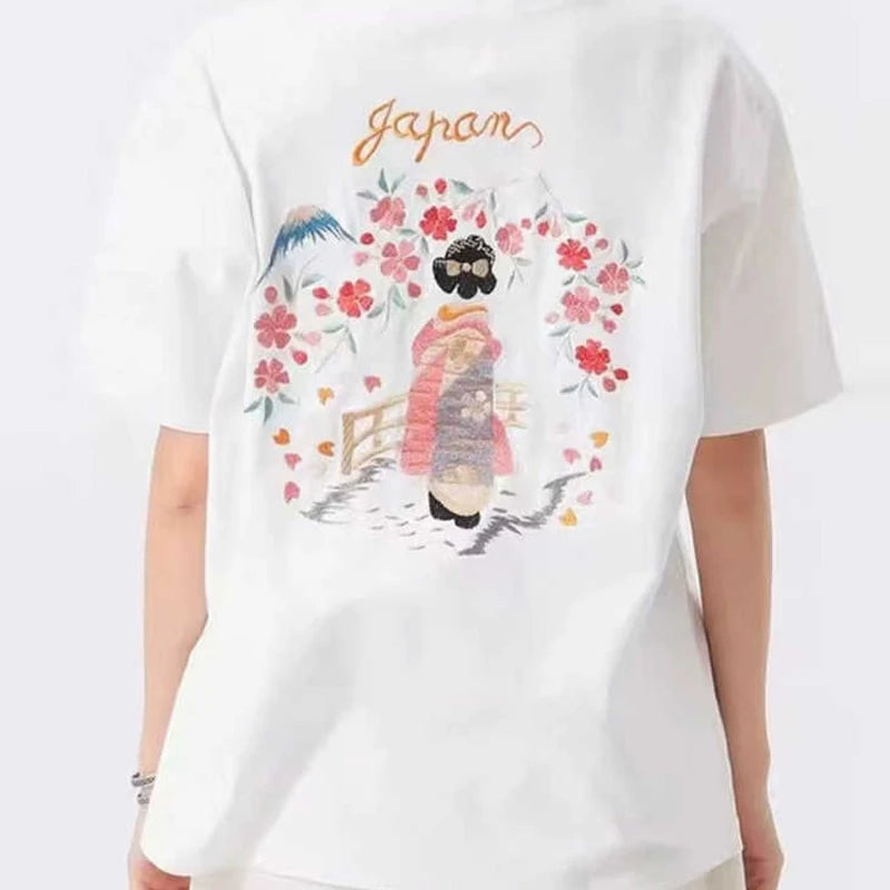 25SS Japanese Retro Summer New Style Cherry Blossom Letter Embroidery Round Neck Casual Short-sleeved T-shirt for Men and Women