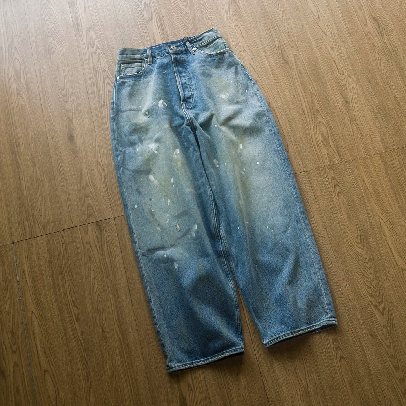 Water Washed Repainted Vintage Light Blue Jeans Japanese Trendy Men's and Women's Loose Straight Leg Heavyweight Pants