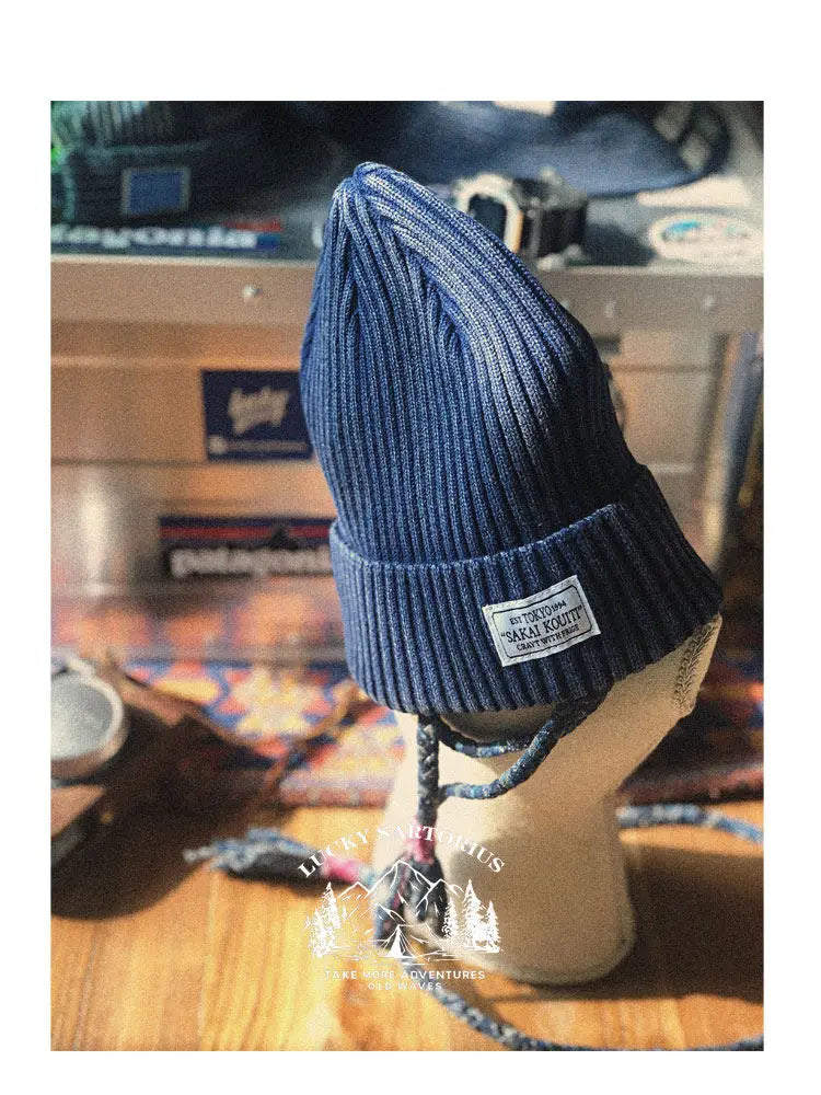 Japanese Retro Style Handmade Vintage Washed Blue Dyed Knitted Hat Versatile Cold Yarn Cap
