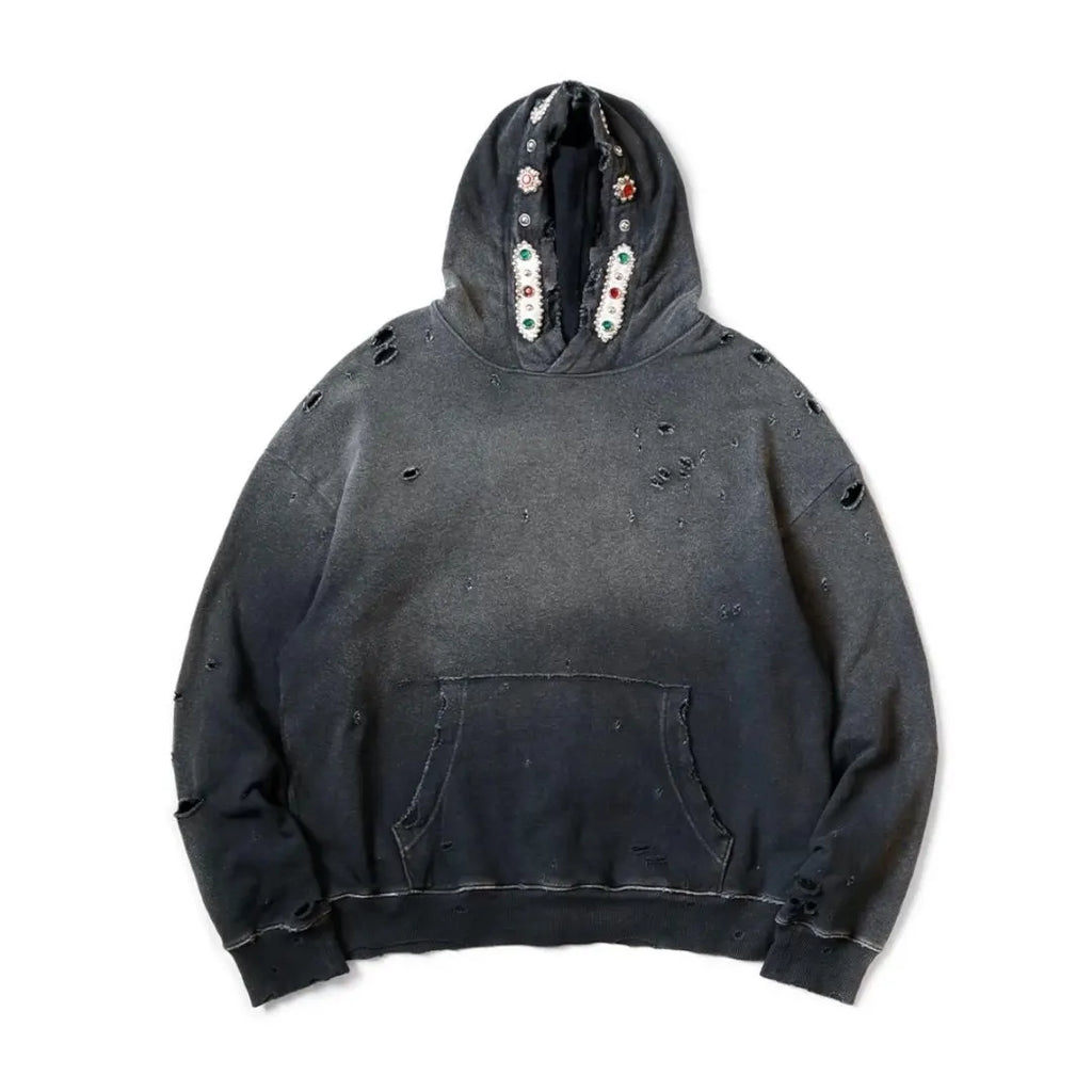 25AW KAPITAL Hirata Kazuhiro Japanese Style Wax Print Washed Damage Gem Hoodies Men Hooded Pullover