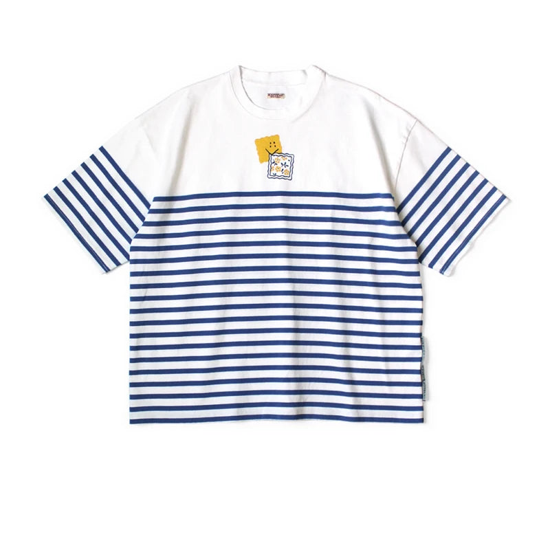 25SS KAPITAL Hirata and Hongri Casual Navy Style Fun Printed Loose Round Neck Short Sleeved T-shirt Men Striped T