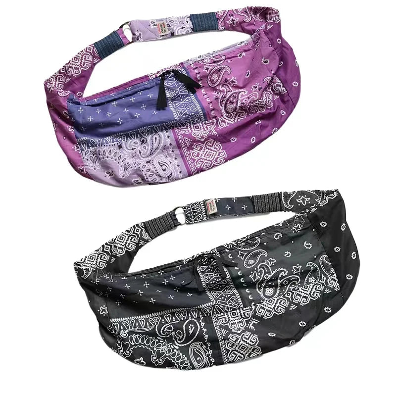 22SS KAPITAL Hirata and Hongri Double Color Cotton Hemp Paisley Flower Splicing Men's Diagonal Cross Stray Waist Bag