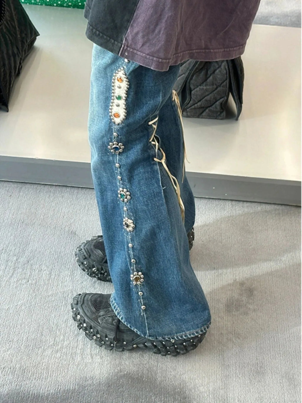 Heavy Industry Retro Nail Bead Jeans American Street Straight Leg Wide Leg Pants for Women and Men