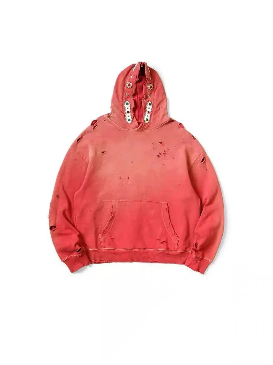 25AW KAPITAL Hirata Kazuhiro Japanese Style Wax Print Washed Damage Gem Hoodies Men Hooded Pullover