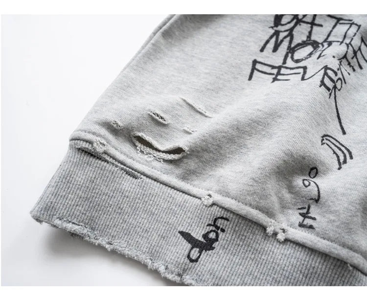 American Retro Washed Distressed Hand Drawn Graffiti Printed Round Neck Hoodie for Men and Women Loose Casual Top
