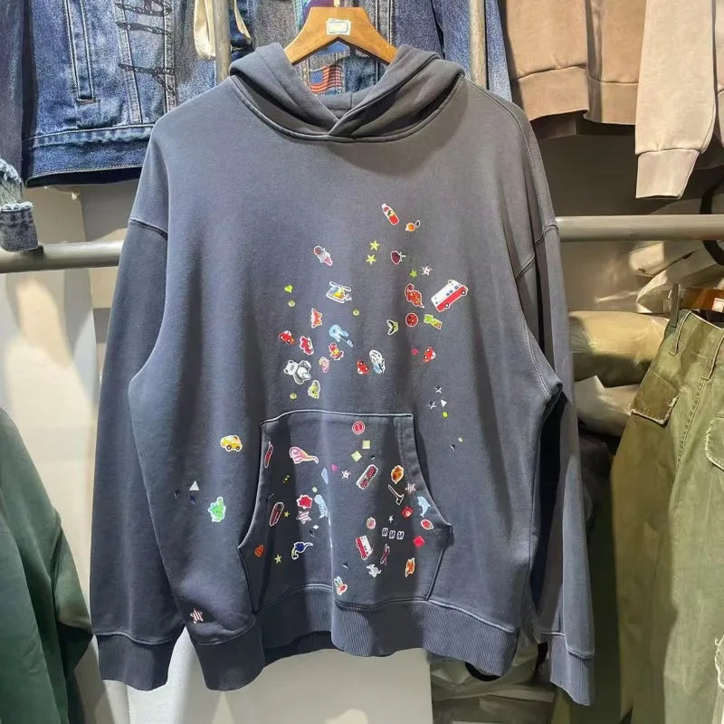 American Streetwear Trendy Cartoon Fun Sticker Print Hooded Sweatshirt for Men and Women Loose Loop Knit Fall and Winter Hoodies