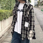 21SS MM Japanese Black and White Checkered Distressed Double Layered Shirt for Men Fashion Make Old Jacket
