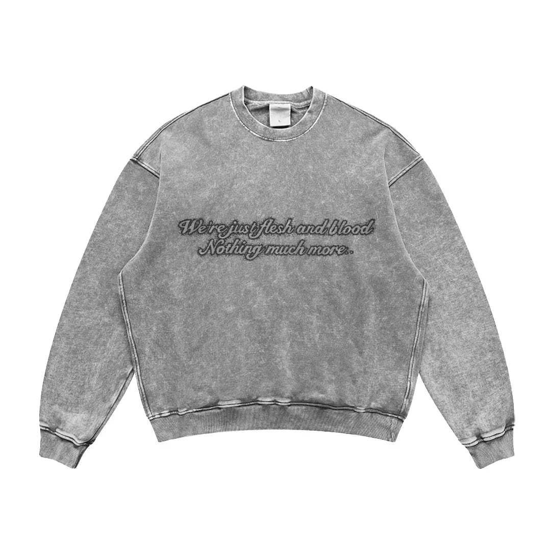 American Retro Washed Vintage Round Neck Sweatshirts Men's Street Style Hip Hop Off Shoulder Trendy Top for Autumn and Winter