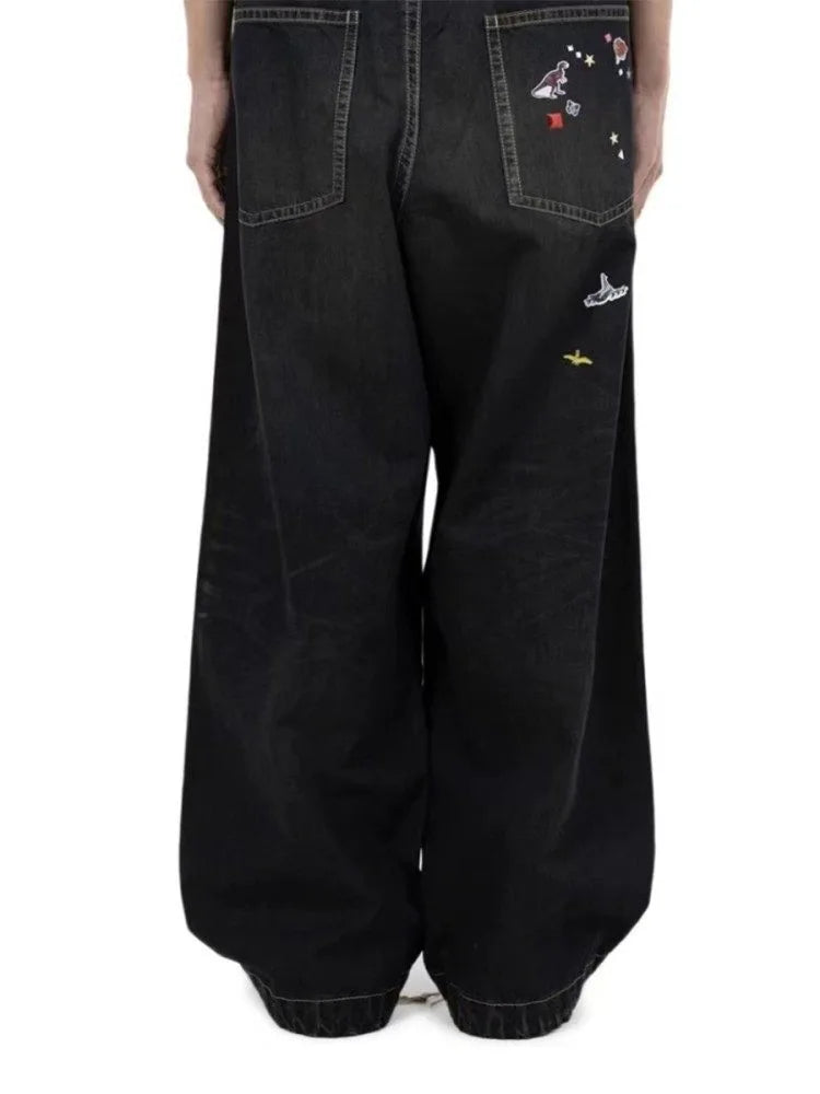 New MMY Sanyuan MIHARA Japanese Style Washed Water Distressed Fun Printed Denim Wide Leg Pants for Men