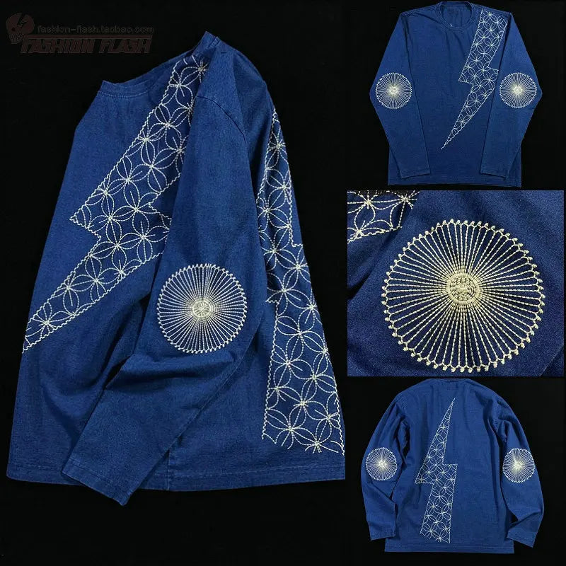 KAPITAL Hirata Kazuhiro's New Japanese Blue Dye Embroidered Lightning Retro Trend Casual Long Sleeved T-shirt for Men