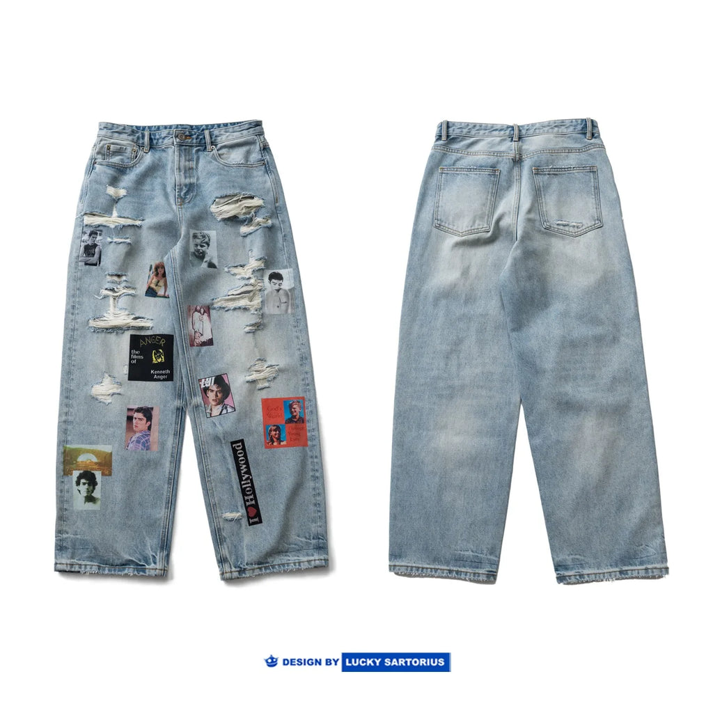 Autumn and Winter Thick Denim with Perforated Portrait Print Niche Straight Leg Long Jeans Men's and Women's Fashion Pant