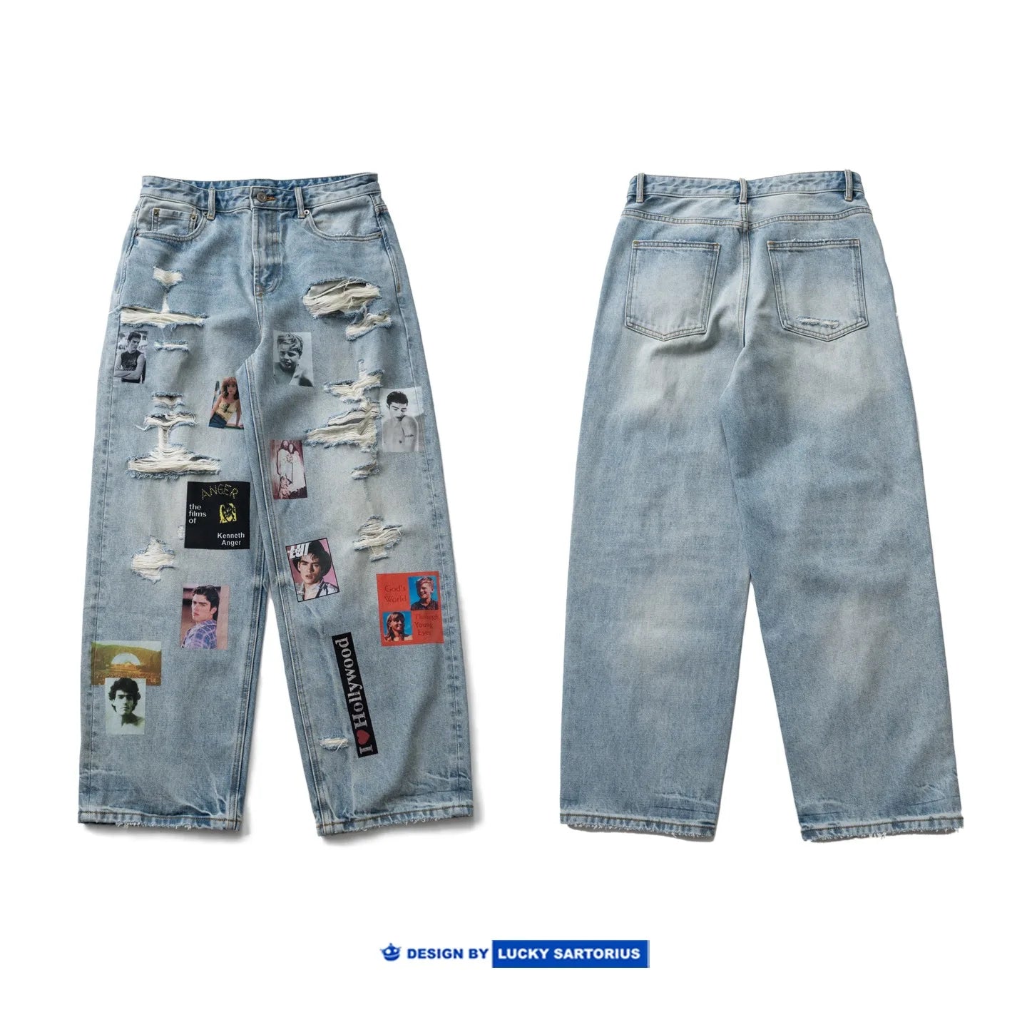 Autumn and Winter Thick Denim with Perforated Portrait Print Niche Straight Leg Long Jeans Men's and Women's Fashion Pant