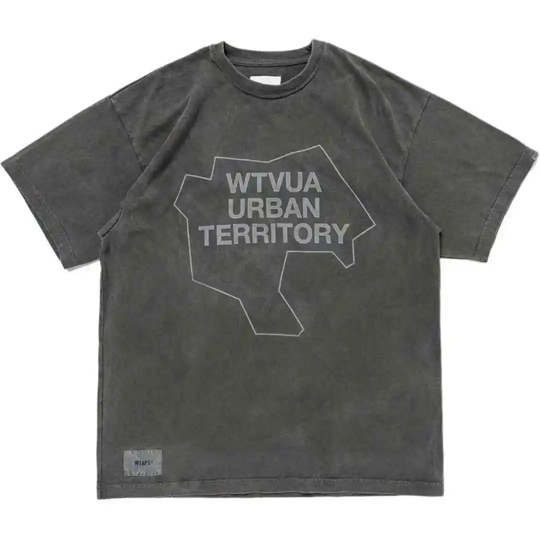 25SS Japanese Fashion COTTON Washed Vintage Wax Printing Casual Sports Short-sleeved T-shirt