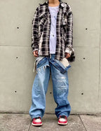 21SS MM Japanese Black and White Checkered Distressed Double Layered Shirt for Men Fashion Make Old Jacket