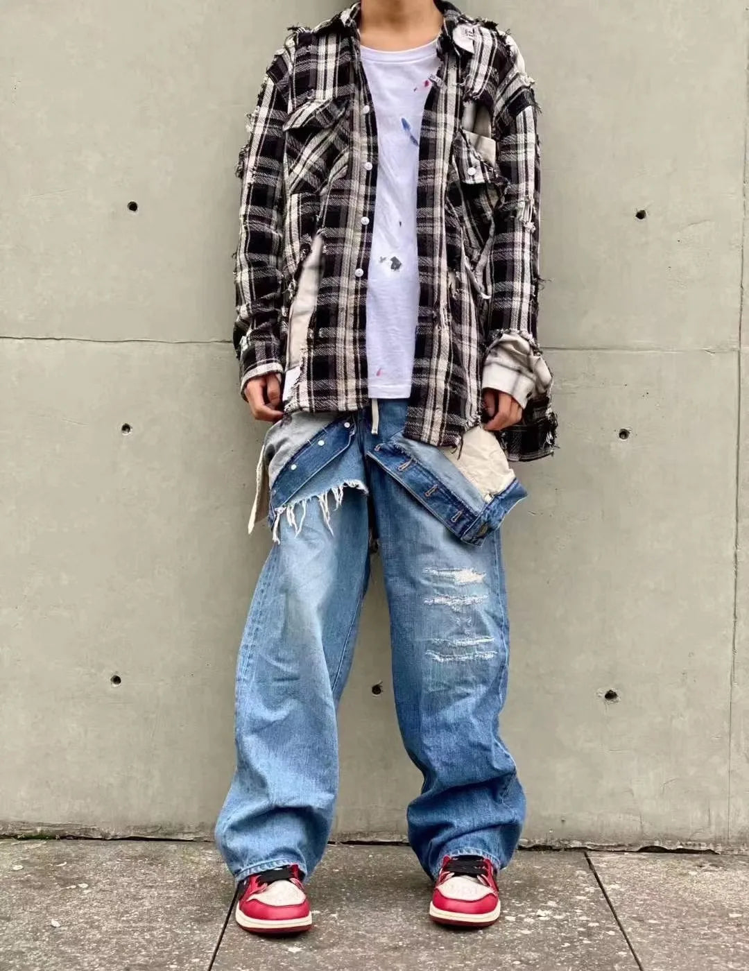 21SS MM Japanese Black and White Checkered Distressed Double Layered Shirt for Men Fashion Make Old Jacket