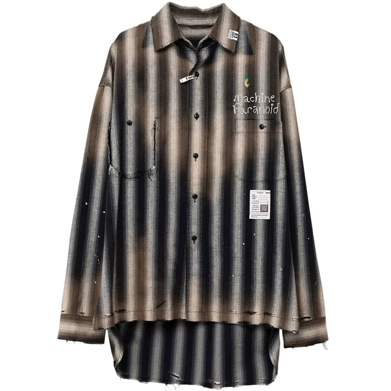 24AW Japanese Casual Pure Cotton Striped Duck Embroidered Vintage Loose Shirt Long Sleeved Distressed Plaid Top