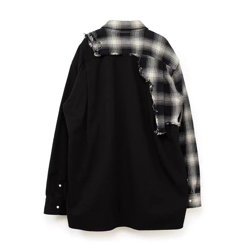 22AW Japanese MMY Casual Men Irregular Splicing Patchwork Plaid Loose Jacket Shirt Loose Distressed Jacket