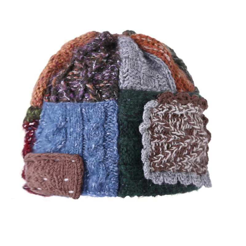 Original Retro Handmade Knitted Colorful Wool Thread Autumn and Winter Patchwork Hat Vintage Style