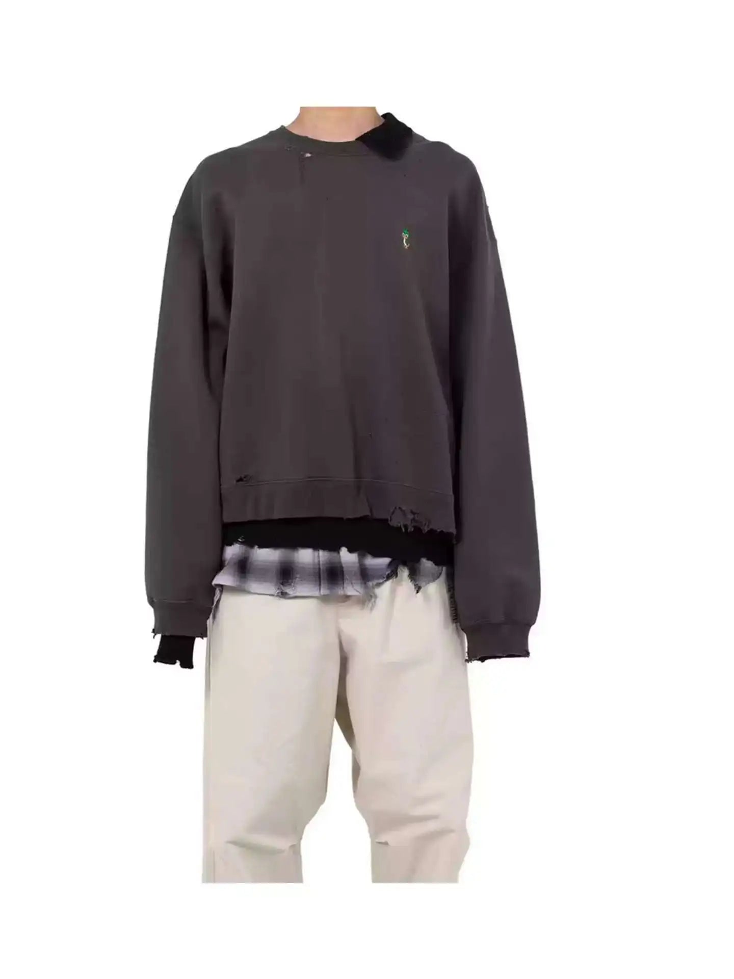 25AW MMY Japanese Washing Water Pullover Old Retro Perforated Layered Round Neck Sweatshirts