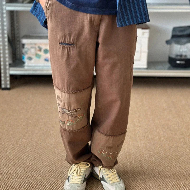 Japanese Retro Men's Water Washed Ripped Hole Patchwork Patch Embroidered Loose Straight Leg Pants for Men and Women