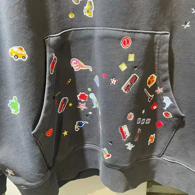 American Streetwear Trendy Cartoon Fun Sticker Print Hooded Sweatshirt for Men and Women Loose Loop Knit Fall and Winter Hoodies