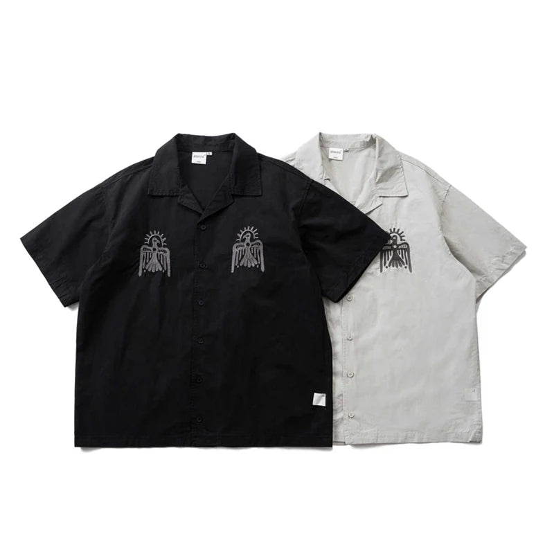 Japanese Thunderbird Embroidered Short Sleeve Casual Loose Shoulder Summer Shaped Shirt Men and Women