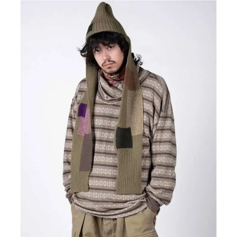 24AW KAPITAL Hirata Japanese Casual Neckerchief Autumn and Winter Warm Two in One Patch Knitted Cold Hat Scarf