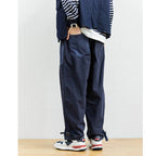Japanese Style Men's Personalized Color Block Splicing Elastic Waist Loose Women's Bamboo Cotton Casual Pants Trendy