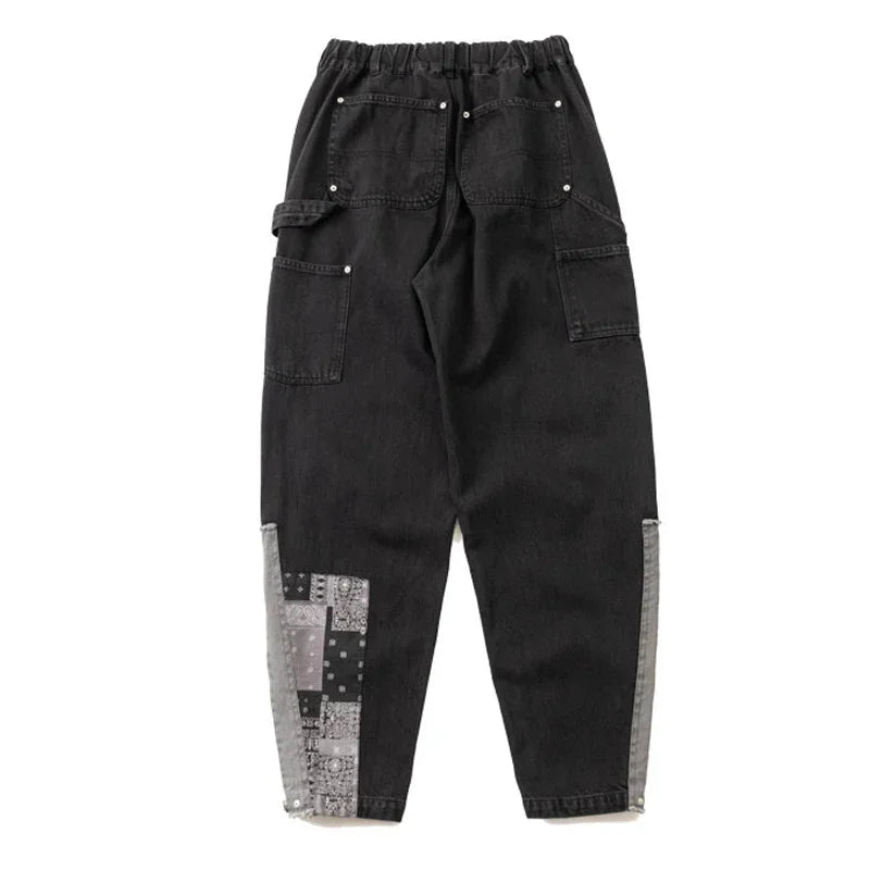 Japanese Retro Double Knee Patch with Ethnic Style Cashew Flower Patch Patchwork Jeans for Men and Women's Fashion Pants