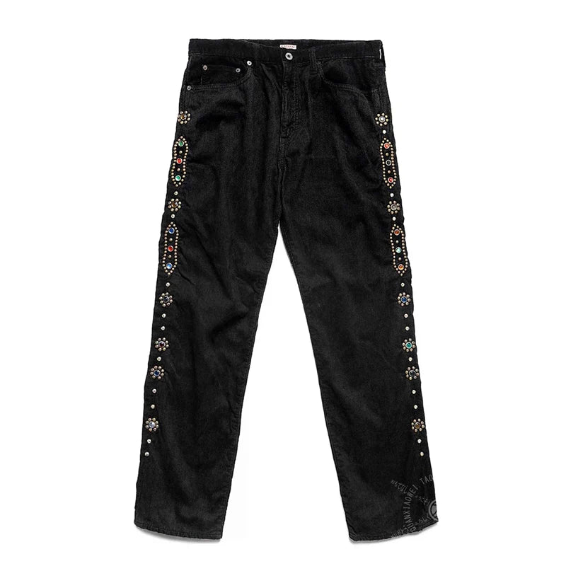 Japan Style Kapital Corduroy Side Gemstone Inlaid Casual Pants Straight Leg Denim Jeans for Men New Arrival