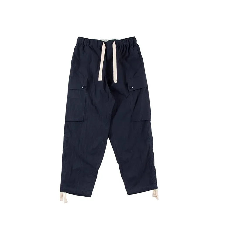 NAnami Japanese Retro Men's and Women's Multi Pocket Large Pocket Drawstring Ankle Tied Loose Casual Straight Leg Pants
