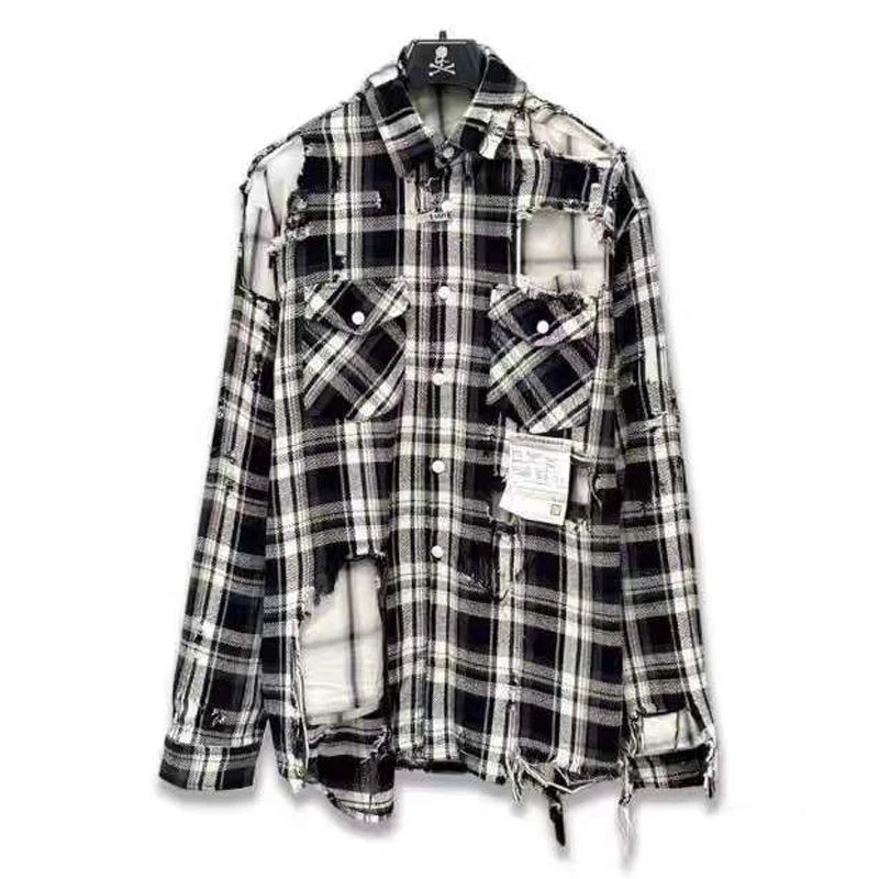 21SS MM Japanese Black and White Checkered Distressed Double Layered Shirt for Men Fashion Make Old Jacket